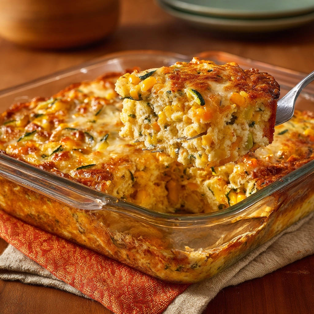 Cremiger Mais-Zucchini-Auflauf angeschnitten mit einer Gabel, zeigt die saftige Textur innen.
