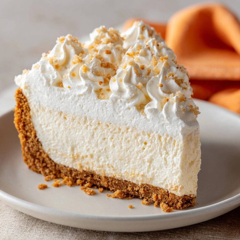 Cremiger No-Bake Käsekuchen angeschnitten auf einem Teller, mit aufgeschlagener Sahne und Krokant garniert