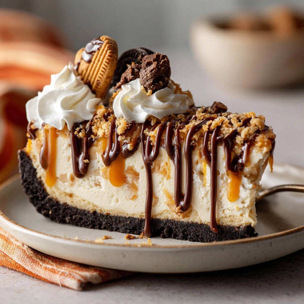 Cremiger Oreo Karamell Cheesecake angeschnitten, zeigt die reichhaltige Füllung mit Schokoladen- und Karamell-Drizzle.