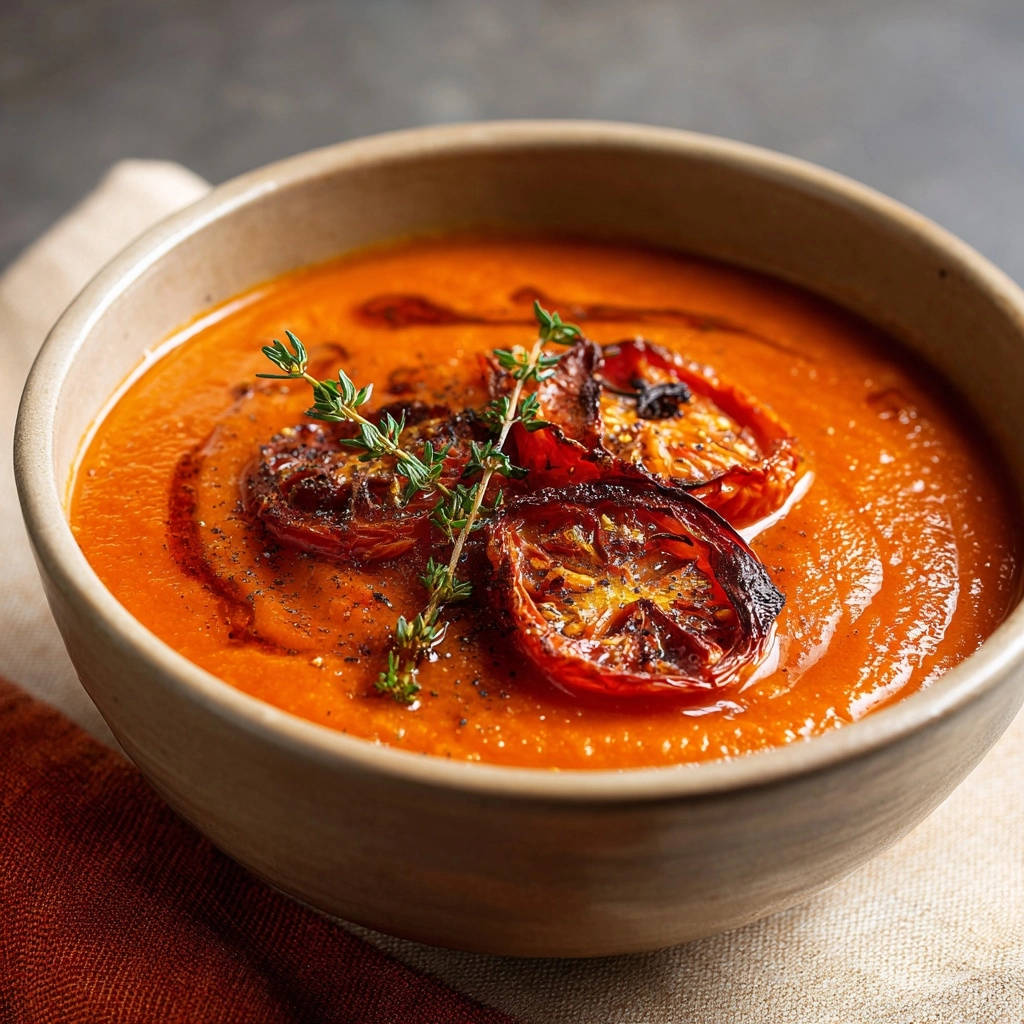Cremige Tomatensuppe mit Ofen-Rösttomaten und frischen Kräutern, garniert mit einem Hauch von Öl.