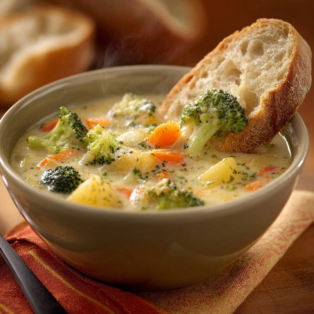 Cremige Brokkoli-Kartoffel-Suppe mit einer Scheibe Brot, die in die dampfende Schüssel getaucht ist und knackige Gemüsestücke zeigt.