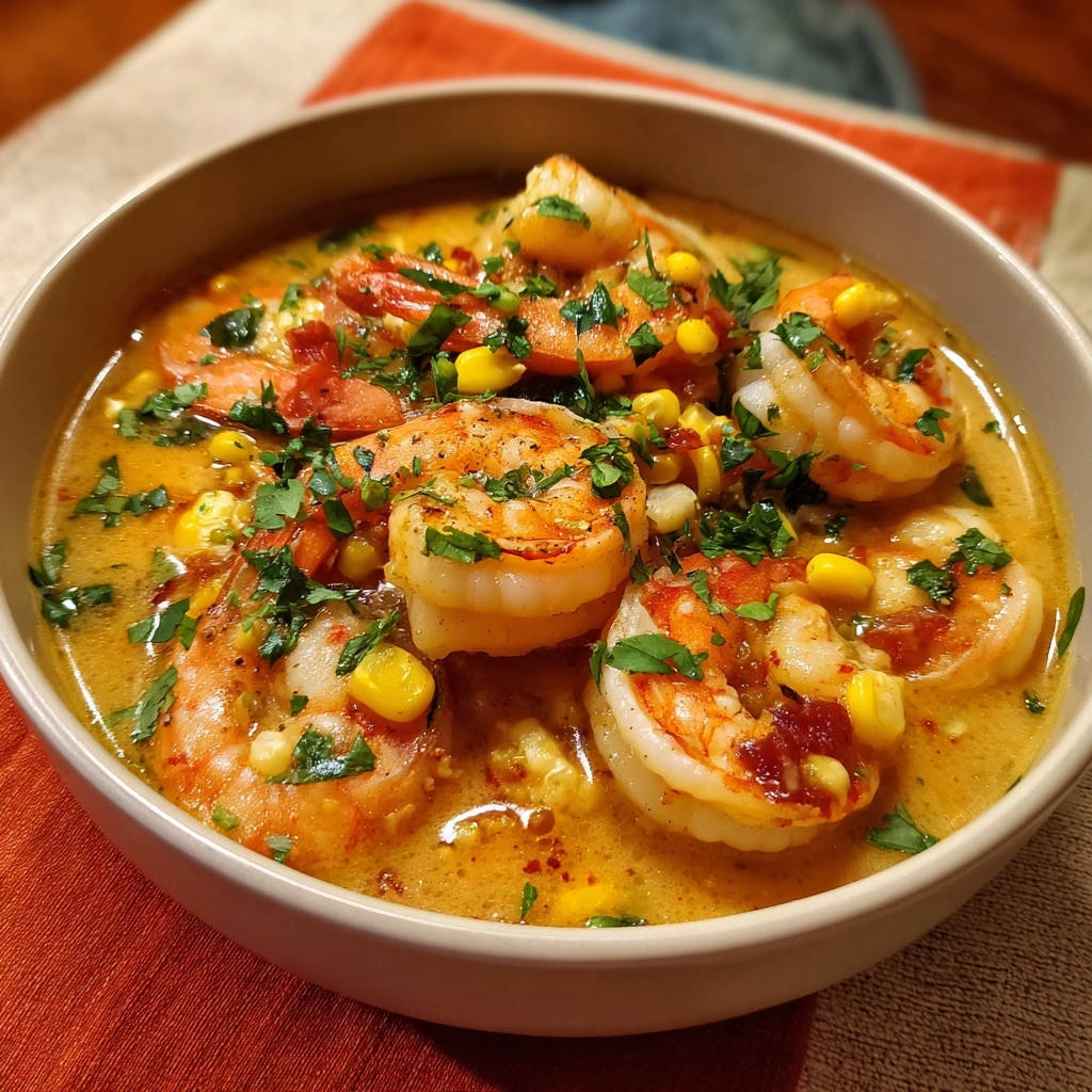 Cremige Cajun-Garnelen mit Mais, eine Nahaufnahme des reichhaltigen Gerichts mit Garnelen und Mais im cremigen Sud.