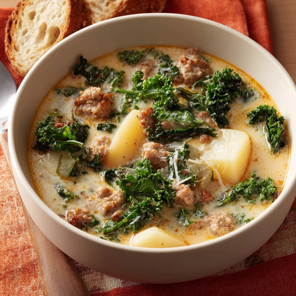 Cremige Grünkohl-Wurst-Suppe mit Kartoffelstücken und Wurst in einer Schüssel, Nahaufnahme.