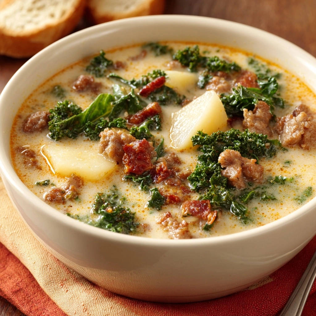Cremige Grünkohl-Wurst-Suppe in einer Schüssel, eine Nahaufnahme mit sichtbaren Kartoffelstücken und Wurst.