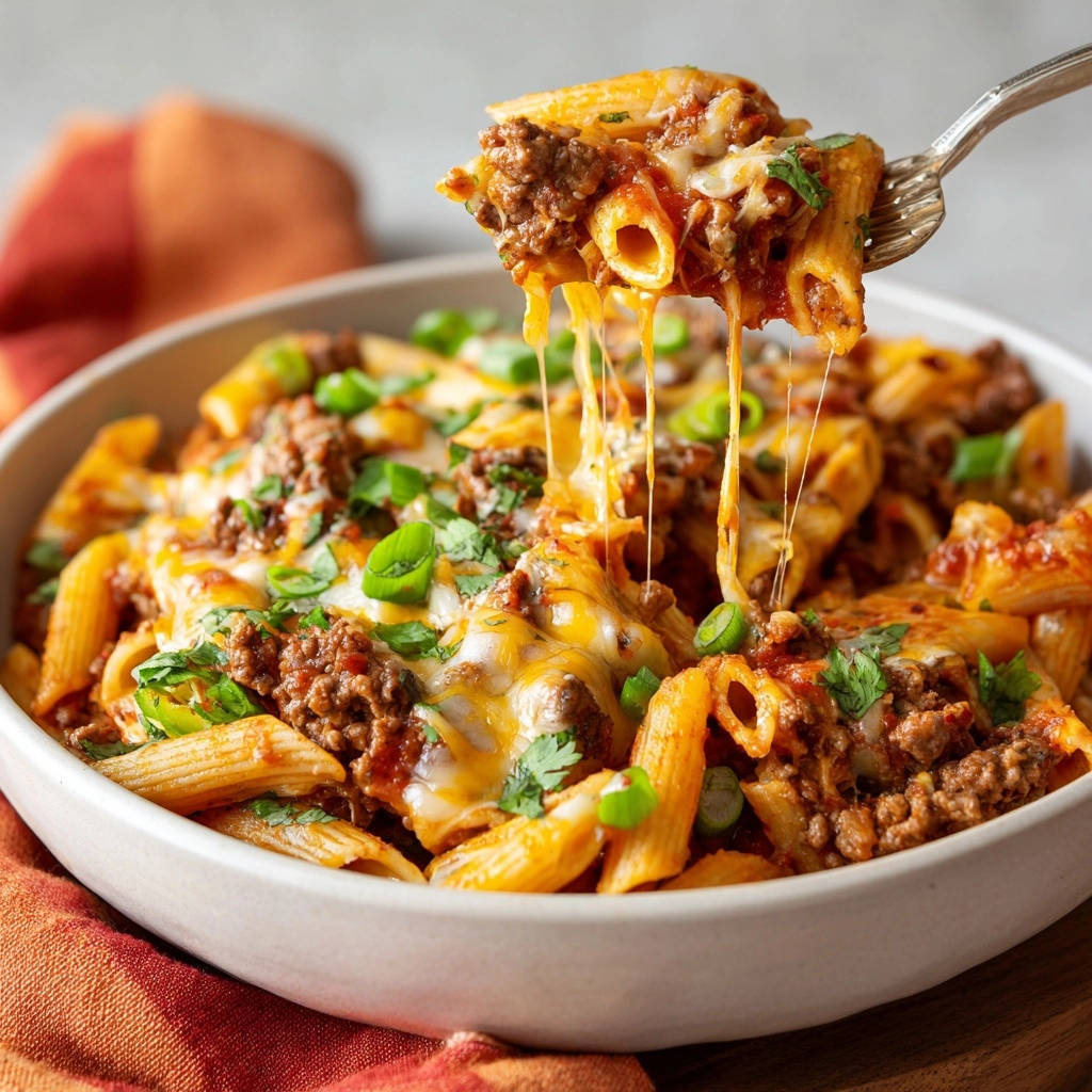 Cremige Hackfleisch-Pasta mit Käse, eine Nahaufnahme einer Gabel mit Käsefäden, die aus der Pasta gezogen werden.