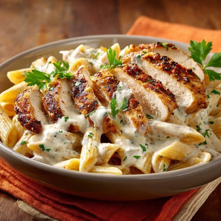 Cremige Penne mit zartem Hähnchen, angeschnitten und mit cremiger Sauce übergossen, garniert mit Petersilie.