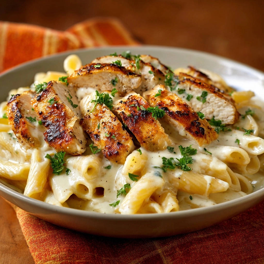 Cremige Penne mit zartem Hähnchen, nahaufnahme mit frischer Petersilie garniert, ein köstliches Gericht.