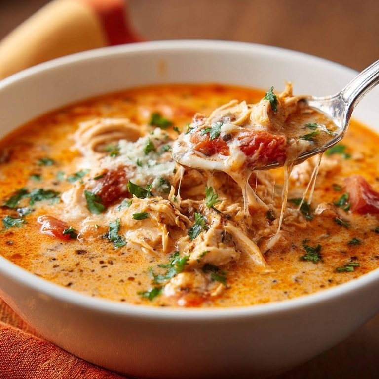 Cremige Tomaten-Hähnchen-Suppe mit geschmolzenem Käse, auf einem Löffel nah aufgenommen.