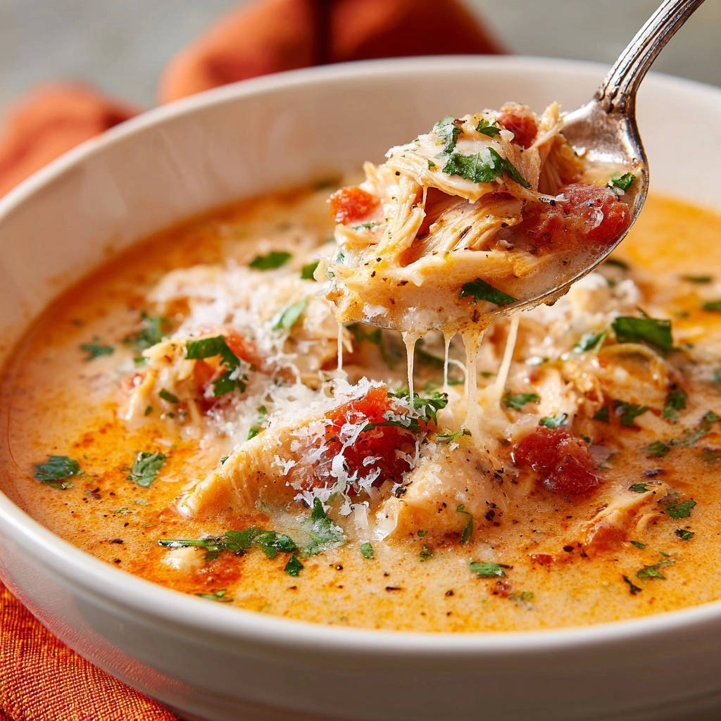 Cremige Tomaten-Hähnchen-Suppe mit geschmolzenem Käse auf einem Löffel, nahaufnahme