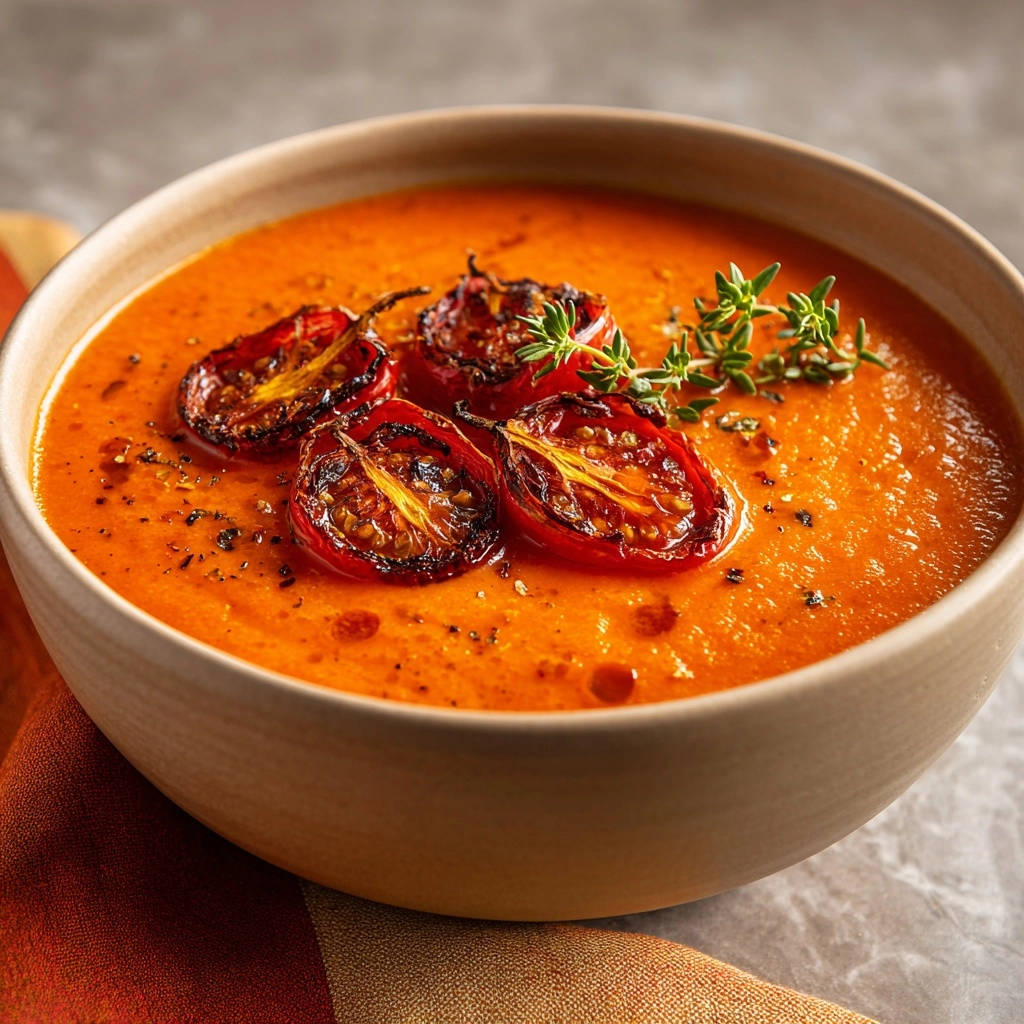 Cremige Tomatensuppe mit Ofen-Rösttomaten, garniert mit frischen Kräutern und bestreut mit Pfeffer.