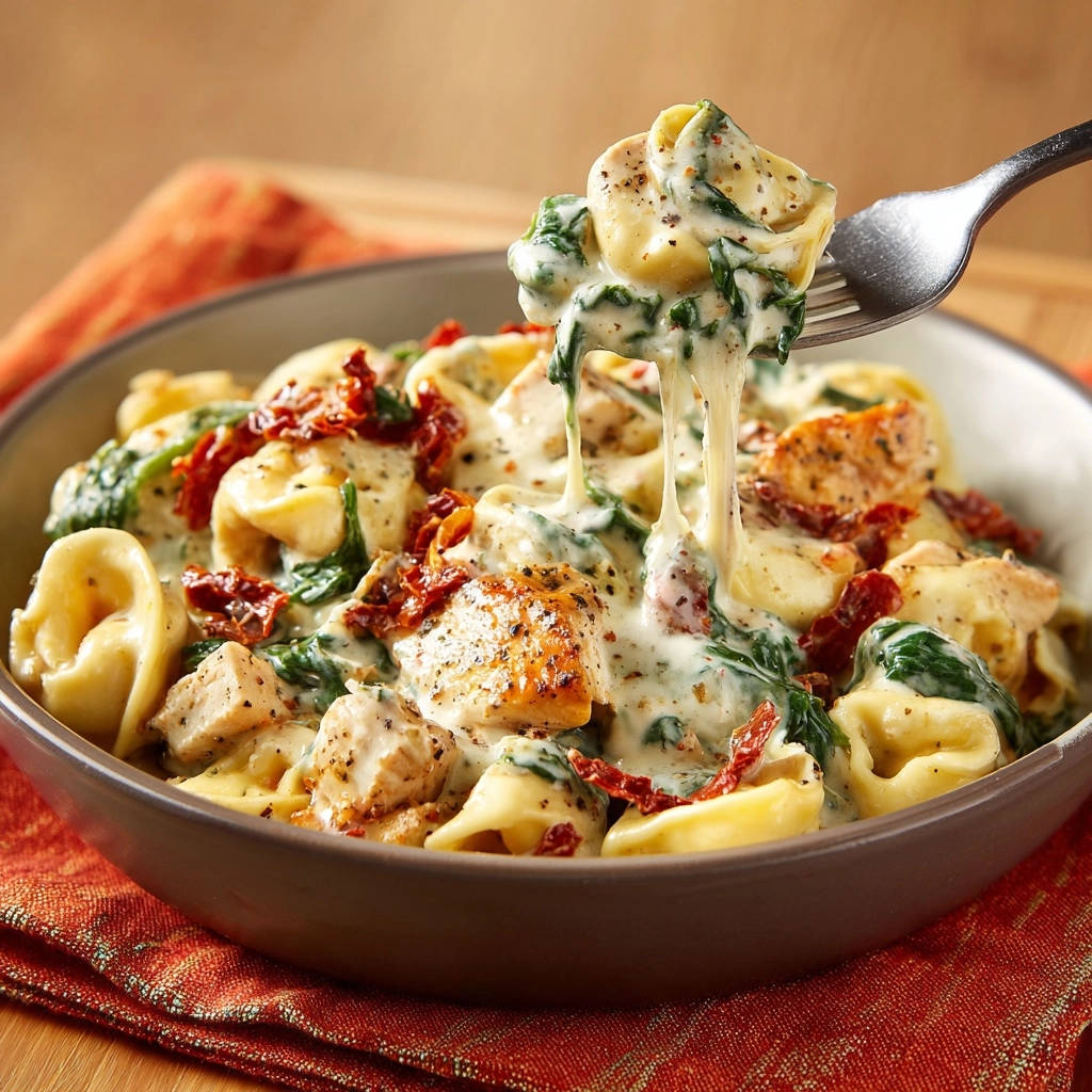 Cremige Tortellini mit Hähnchen und Spinat, die auf einer Gabel mit geschmolzenem Käse herausgezogen werden.