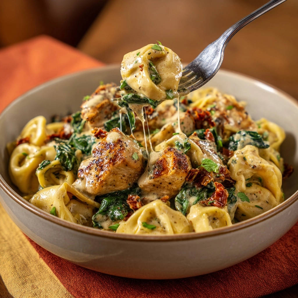 Cremige Tortellini mit Hähnchen und Spinat, detailreiche Nahaufnahme mit geschmolzenem Käse, der von einer Gabel herunterhängt.