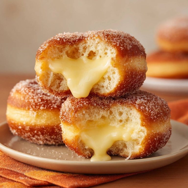 Cremige Vanille-Berliner im Anschnitt, die cremige Füllung fließt aus dem fluffigen Gebäck.