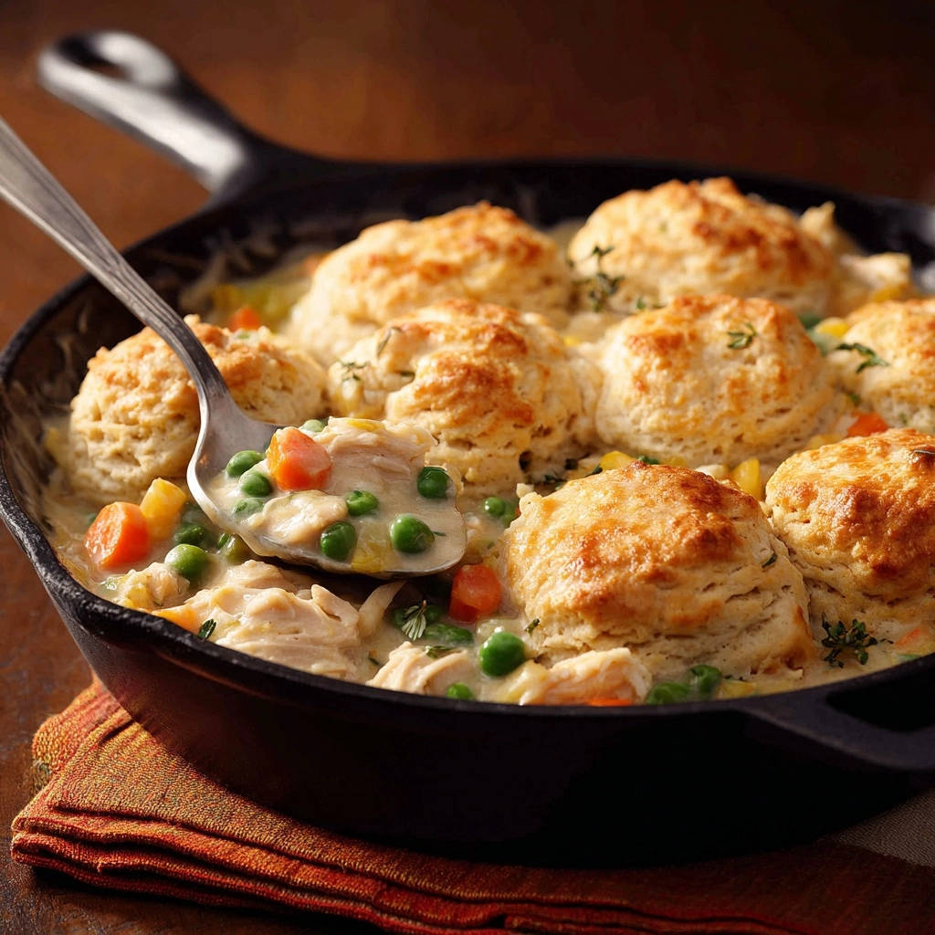 Cremiger Hähnchen-Eintopf mit knusprigen Cheddar-Biscuits, serviert mit einem Löffel voller Hähnchen, Gemüse und Sauce.