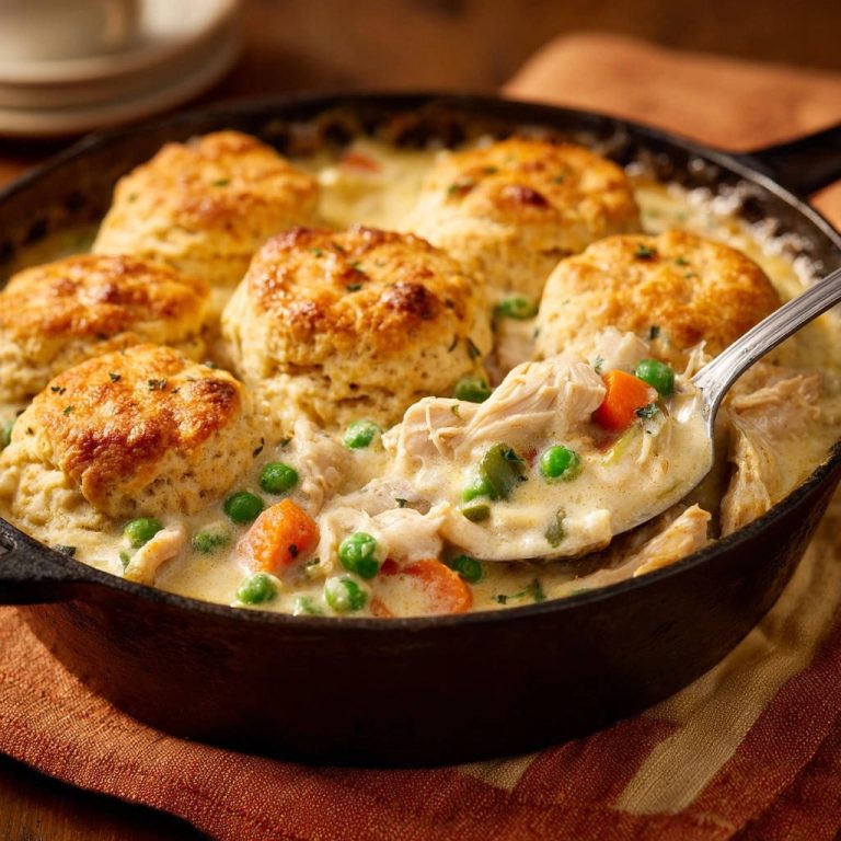 Cremiger Hähnchen-Eintopf mit knusprigen Cheddar-Biscuits, eine Löffelportion wird aus der Pfanne gehoben.