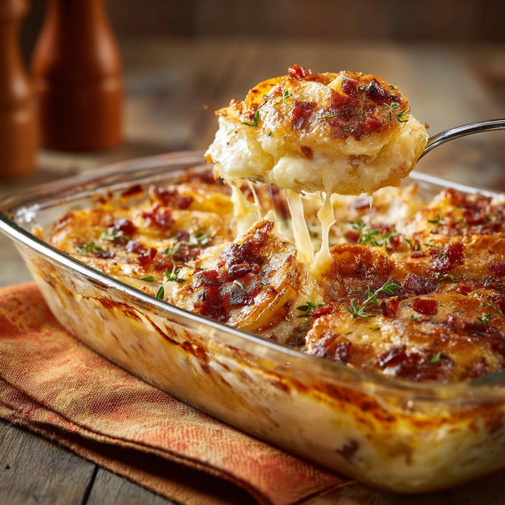 Cremiger Kartoffelgratin mit knusprigem Bacon, eine Portion wird mit geschmolzenem Käse herausgehoben.