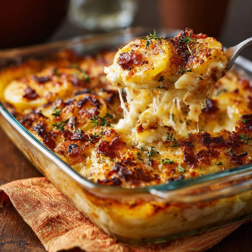 Cremiger Kartoffelgratin mit knusprigem Bacon, eine Gabel hebt eine Portion mit geschmolzenem Käse heraus.
