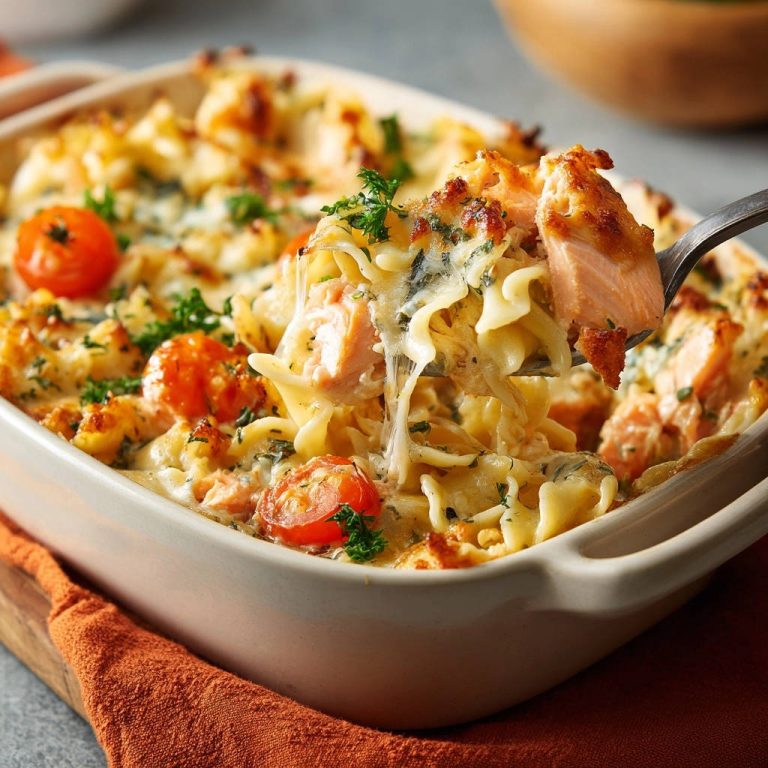 Cremiger Lachs-Nudelauflauf mit Kirschtomaten, der mit einem Servierlöffel auf einer Nahaufnahme herausgehoben wird.