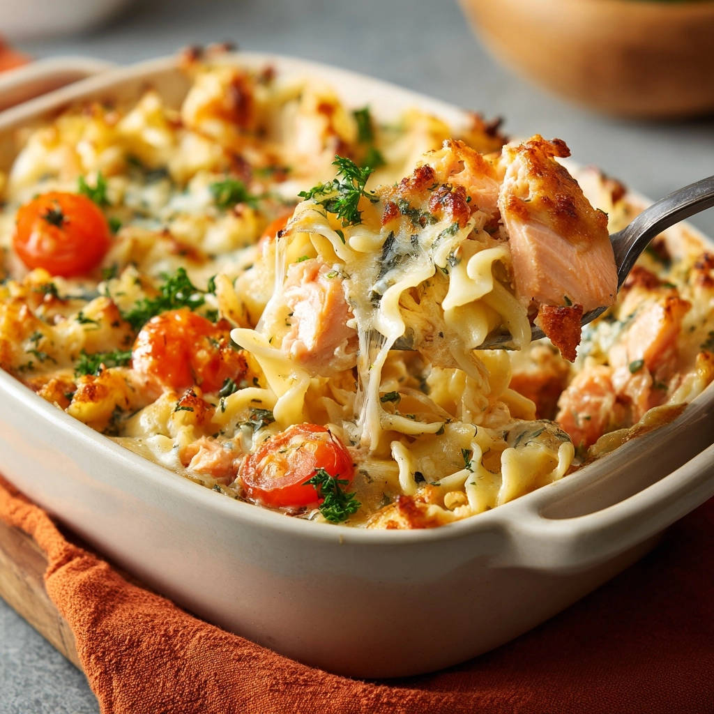 Cremiger Lachs-Nudelauflauf mit Kirschtomaten, der mit einem Servierlöffel auf einer Nahaufnahme herausgehoben wird.