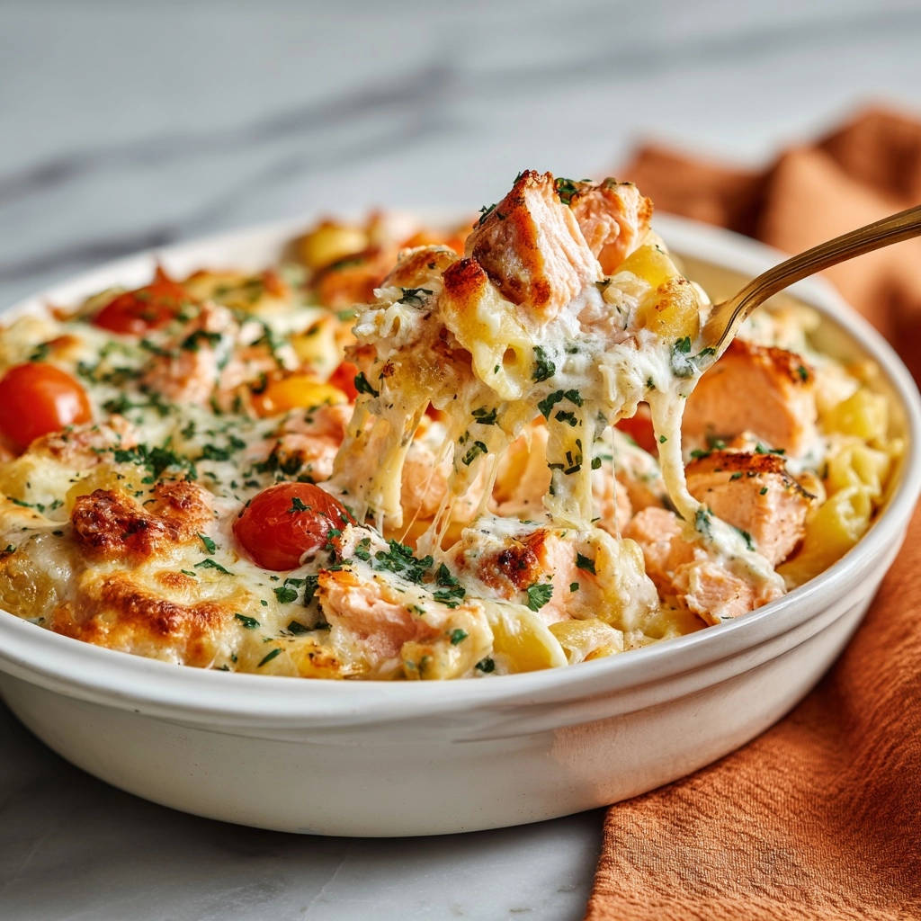 Cremiger Lachs-Nudelauflauf mit Kirschtomaten, eine goldene Gabel hebt eine Portion mit geschmolzenem Käse heraus.