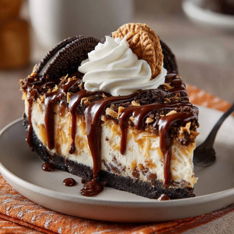Cremiger Oreo Karamell Cheesecake angeschnitten auf einem Teller mit Schokoladenglasur und Sahnehaube
