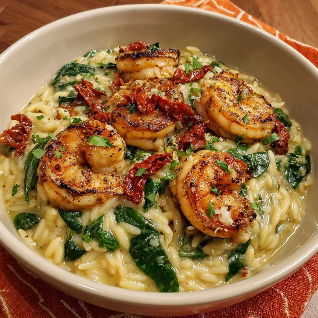 Cremiger Orzo mit mediterranen Garnelen, eine Nahaufnahme der saftigen Garnelen und des cremigen Orzos mit getrockneten Tomaten.