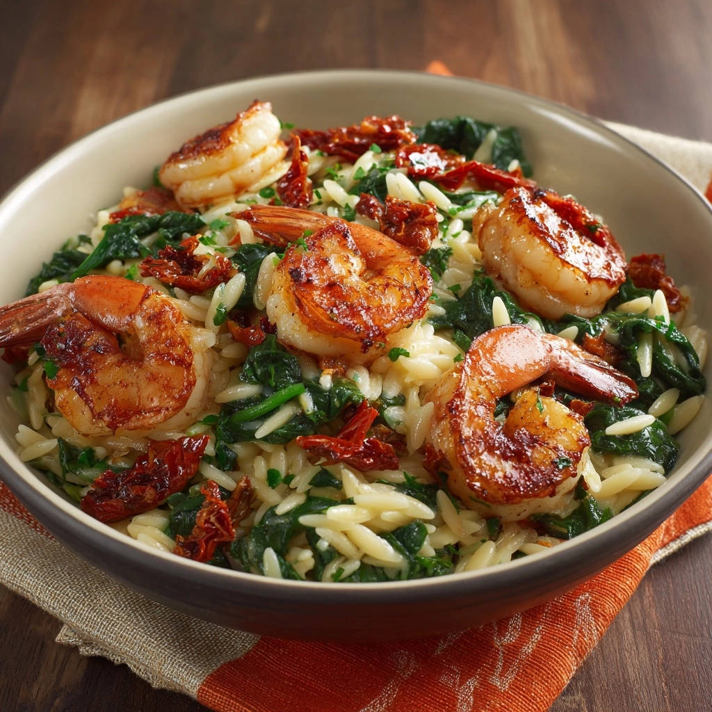 Cremiger Orzo mit mediterranen Garnelen, eine Nahaufnahme mit saftigen Garnelen und sonnengetrockneten Tomaten.