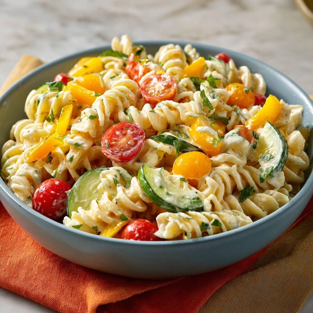 Cremiger Sommer-Pasta-Salat mit bunten Kirschtomaten, Gurken und gelben Paprikastreifen in einer Schüssel, Nahaufnahme des Dressings.