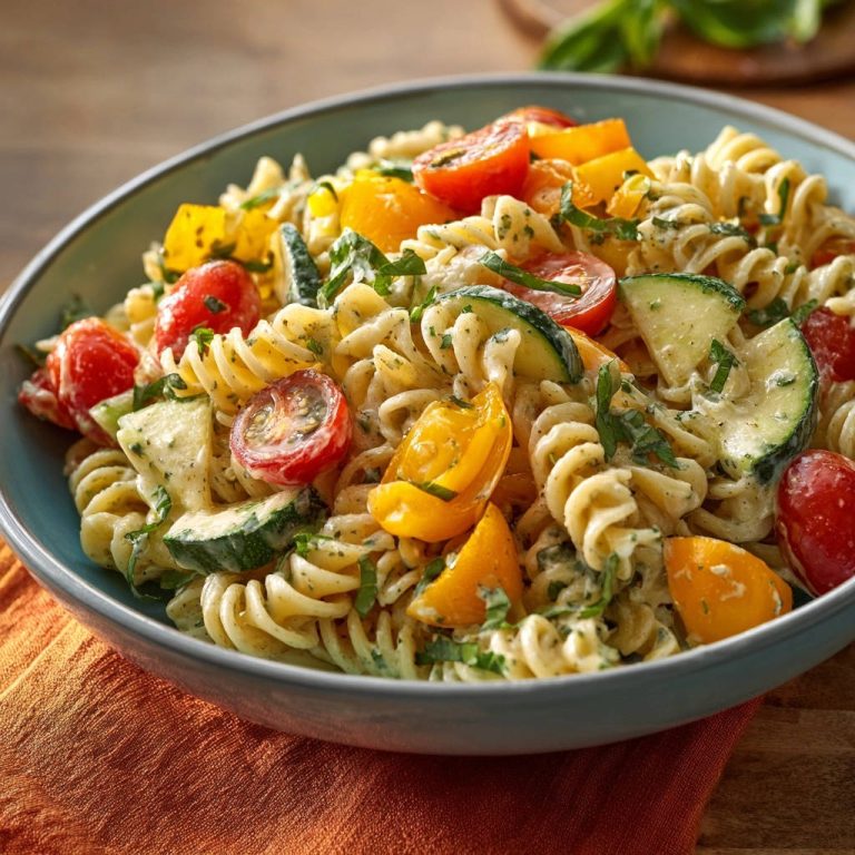 Cremiger Sommer-Pasta-Salat in einer Schüssel, nahaufnahme mit sichtbaren Gemüsestücken und cremigen Dressing.
