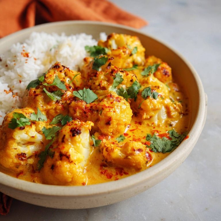 Cremiges Blumenkohl-Curry mit Reis, garniert mit Koriander und Chiliflocken, in einer Schüssel serviert.