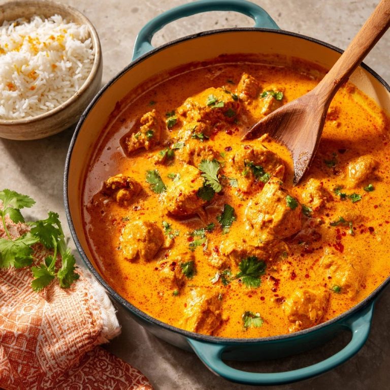 Cremiges Hähnchen-Curry Indischer Art in einem Topf mit einem Holzlöffel und Reis daneben, nahaufnahme