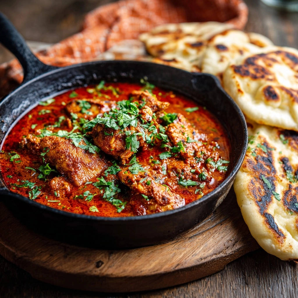 Cremiges Hähnchen-Curry im Gusseisen-Servierpfännchen mit frischem Koriander garniert und Naan-Brot daneben.