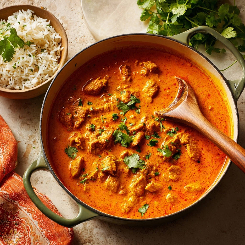 Cremiges Hähnchen-Curry Indischer Art in einer grünen Pfanne, mit Reis und Koriander garniert, aus der Draufsicht.