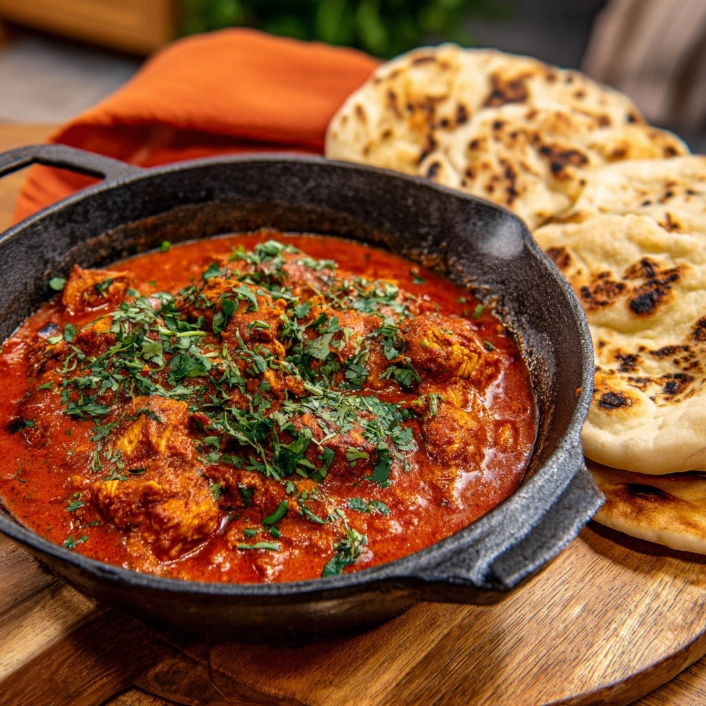 Cremiges Hähnchen-Curry im Gusseisen-Servierpfanne mit frischer Petersilie garniert und dazu Naan-Brot.