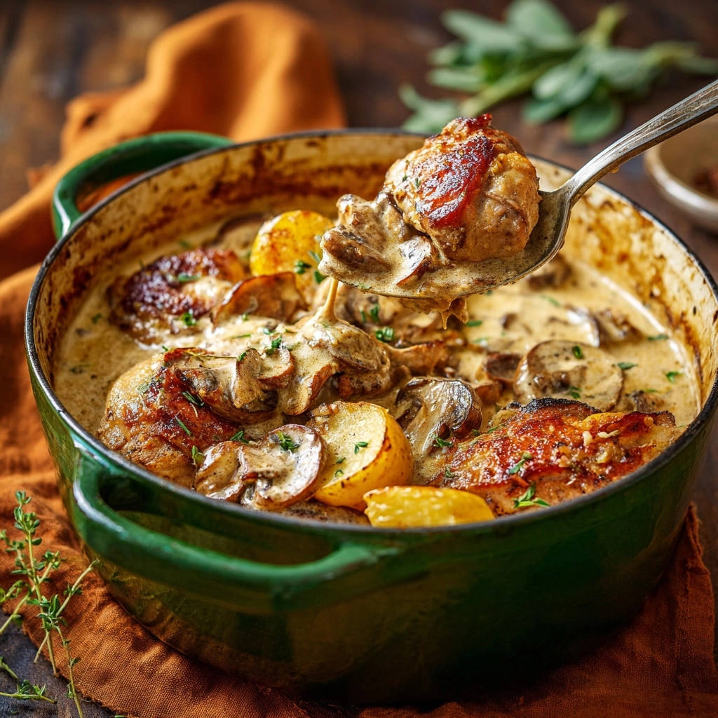Cremiges Hähnchen mit Pilzen und Kartoffeln aus dem Topf, auf einem Löffel serviert in einer Nahaufnahme.