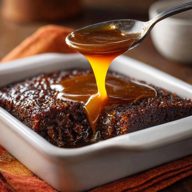 Saftiger Dattelpudding mit himmlischer Karamellsauce, die von einem Löffel über das Dessert gegossen wird.