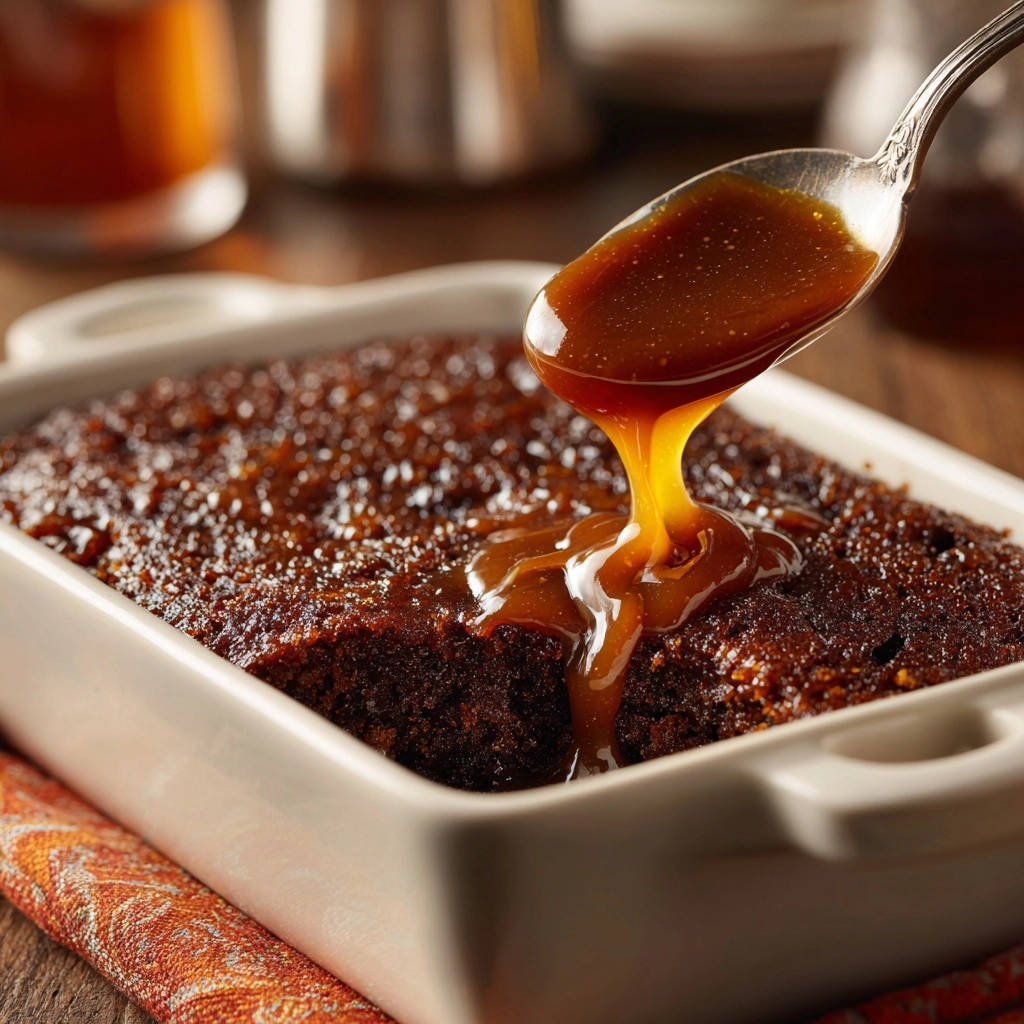 Saftiger Dattelpudding mit himmlischer Karamellsauce, die von einem Löffel auf den Pudding gegossen wird.