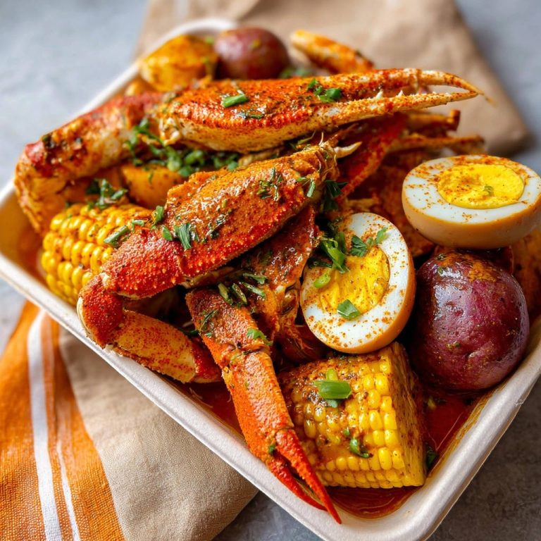 Deutscher Seafood Boil à la Louisiane, ein detailreicher Blick auf den würzigen Krabben- und Maisauflauf mit Eiern und Kartoffeln.