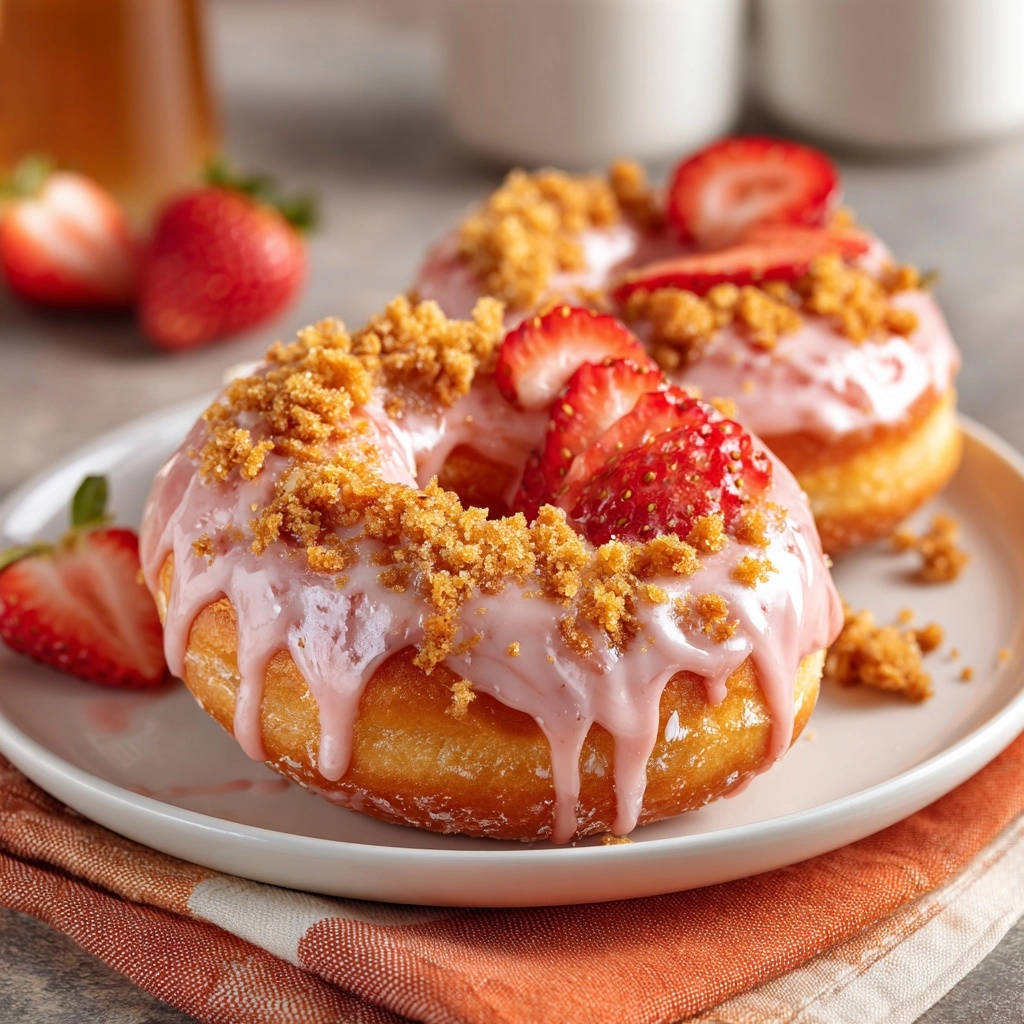 Erdbeer-Crumble-Donuts, die mit frischen Erdbeerscheiben und Krümeln garniert sind, auf einem Teller serviert