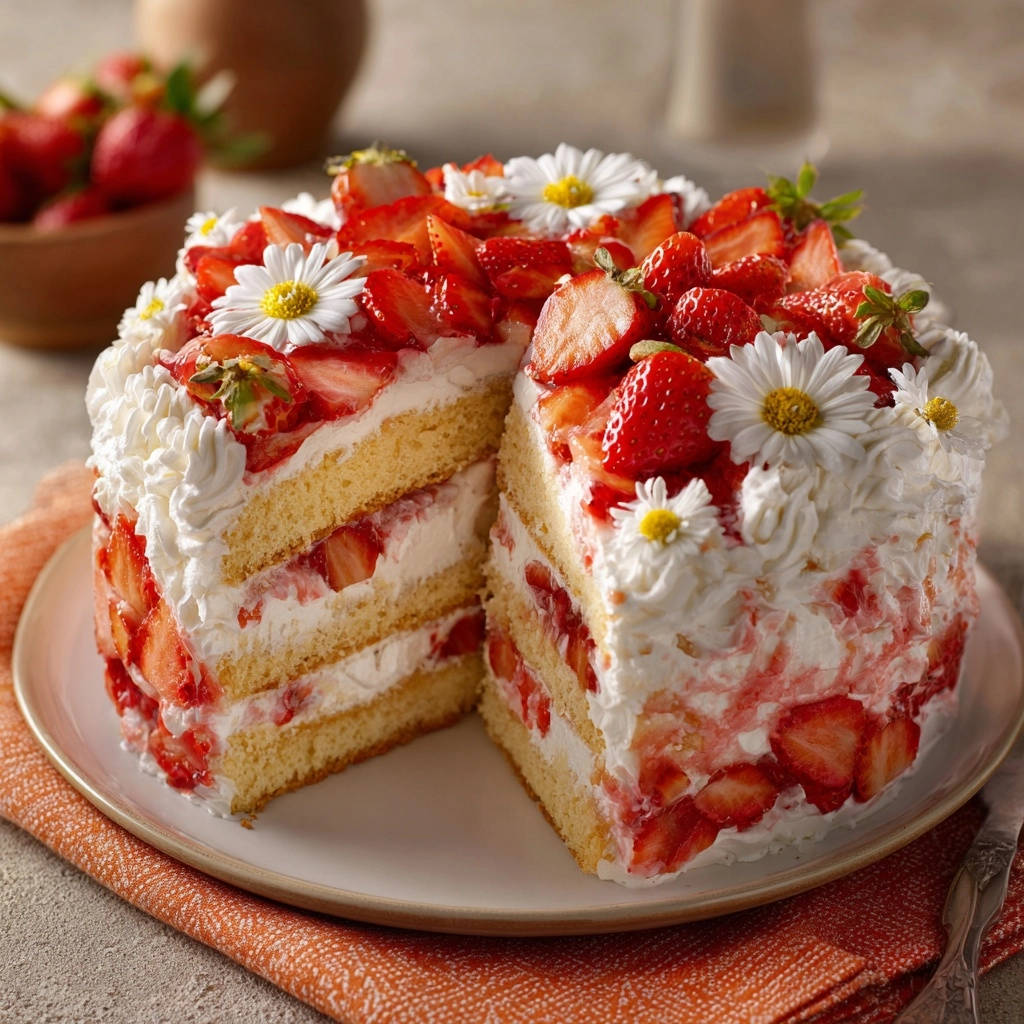 Himmlische Erdbeer-Sahne-Torte angeschnitten mit frischen Erdbeeren und Gänseblümchen auf einem Teller.