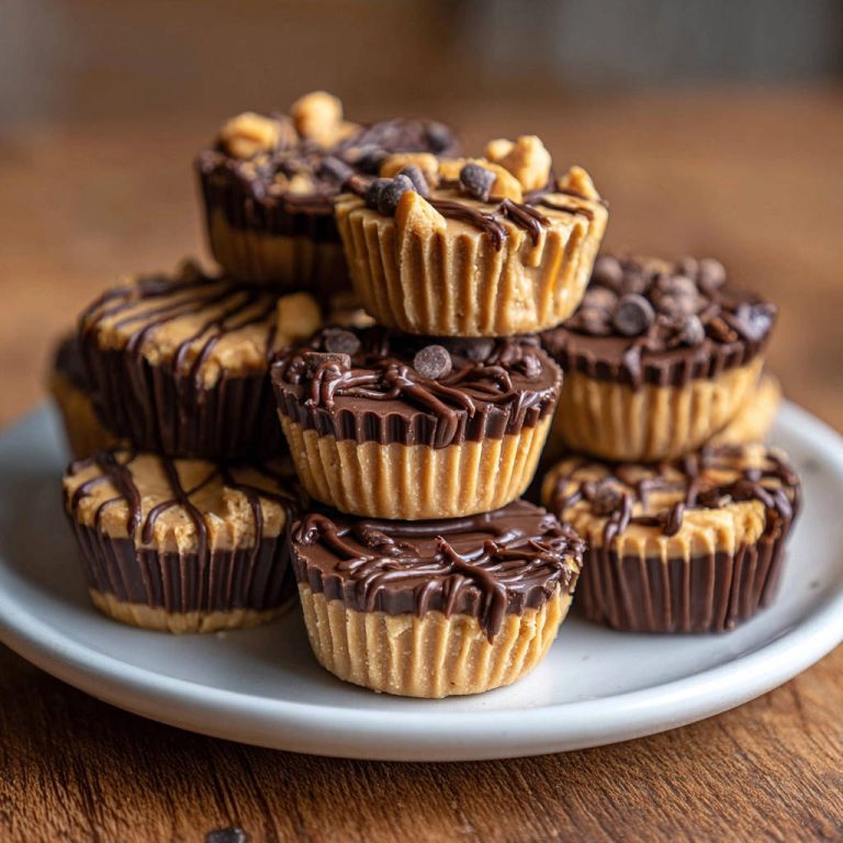 Erdnussbutter-Schoko-Cups als Stapel mit detaillierter Ansicht der einzelnen Cups und Toppings auf einem Teller.