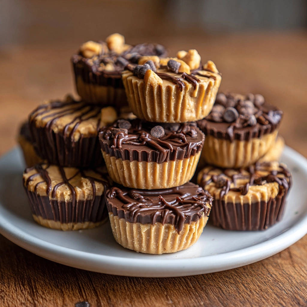 Erdnussbutter-Schoko-Cups als Stapel mit detaillierter Ansicht der einzelnen Cups und Toppings auf einem Teller.