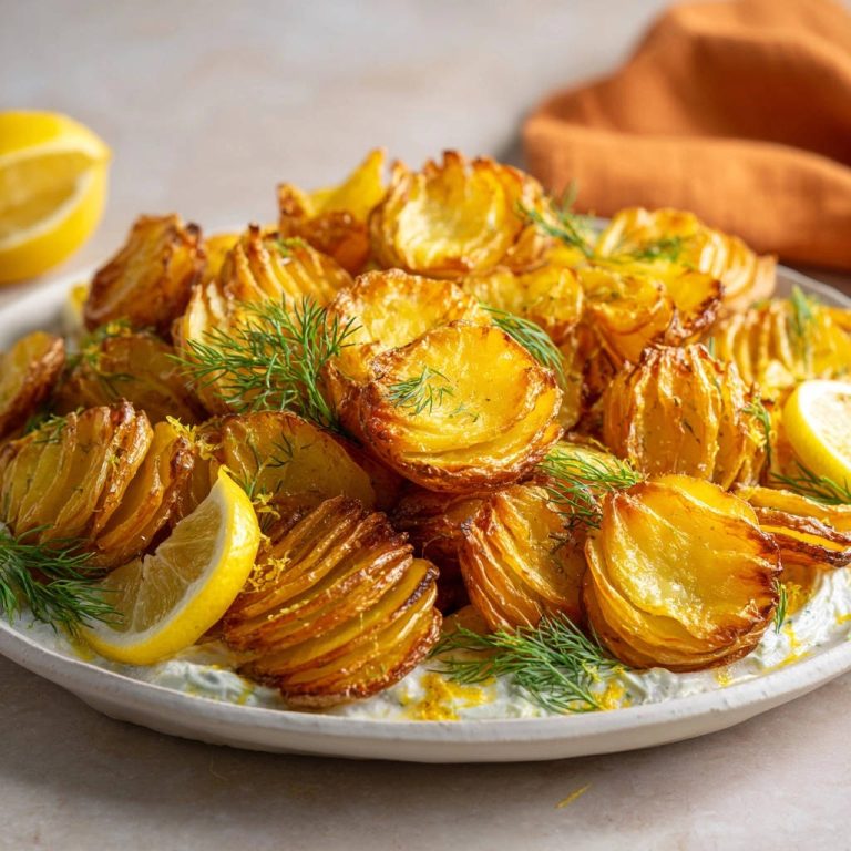 Goldene Fächerkartoffeln mit Zitronen-Dill-Dip, garniert mit frischem Dill und Zitronenspalten auf einem Teller.