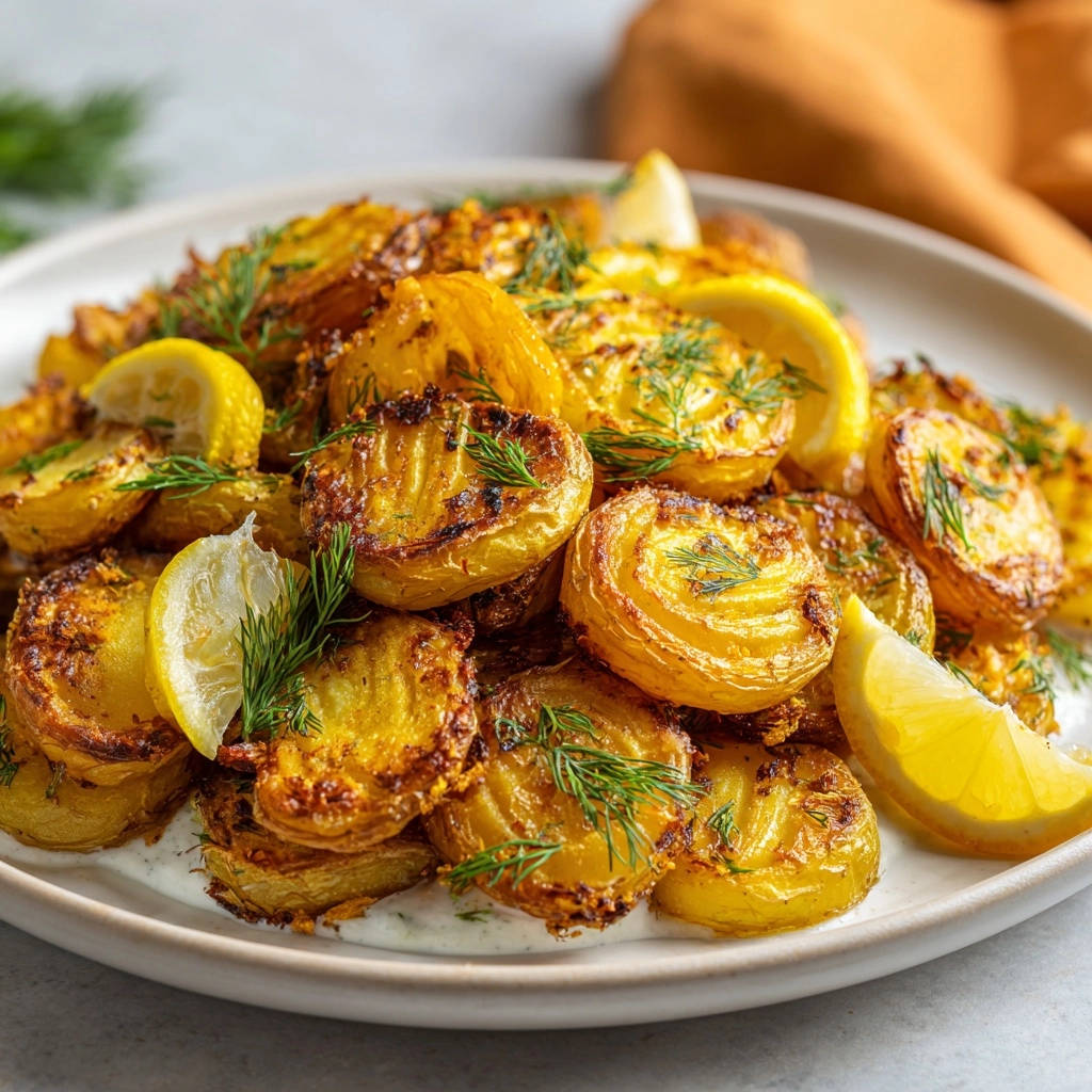 Goldene Fächerkartoffeln mit Zitronen-Dill-Dip, serviert auf einem Teller mit frischen Zitronenspalten und Dill garniert.