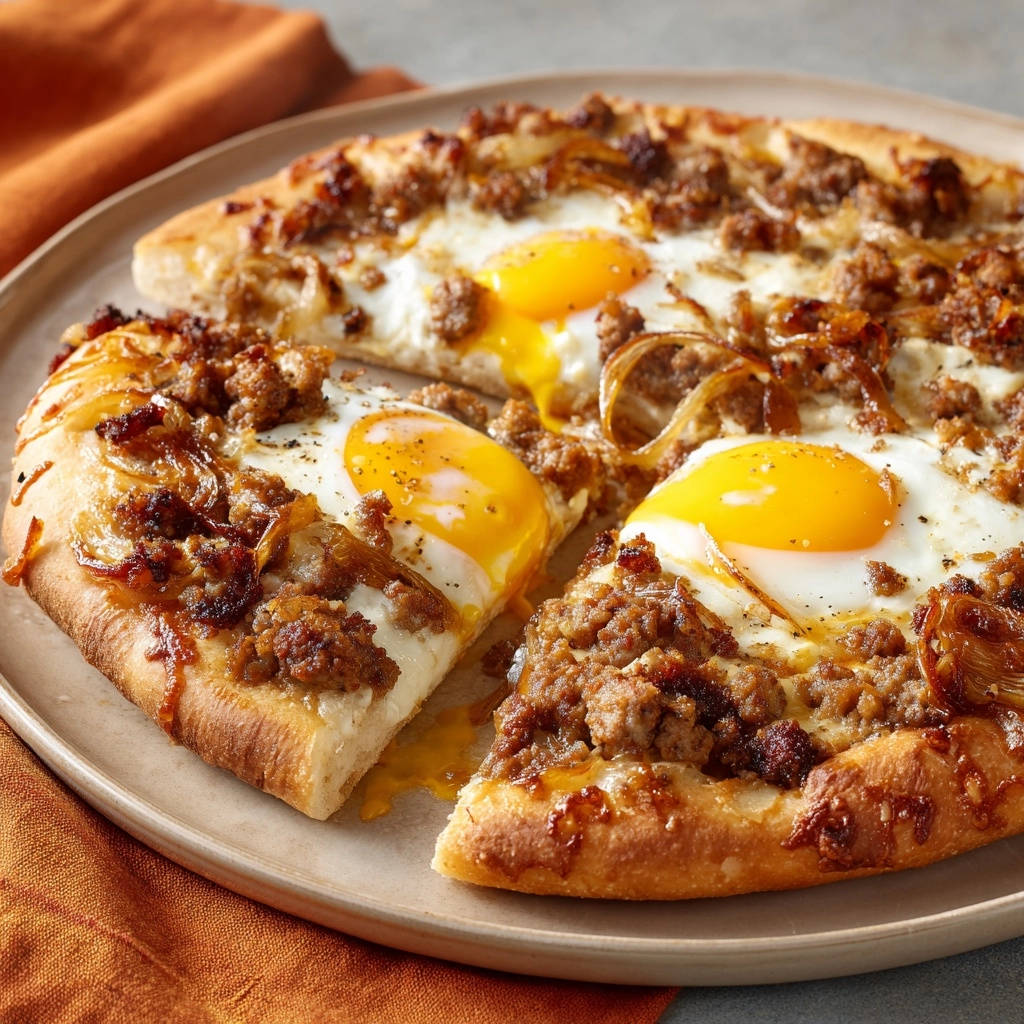 Frühstückspizza mit Wurst und karamellisierten Zwiebeln, angeschnitten mit flüssigem Eigelb, das aus den Eiern läuft.