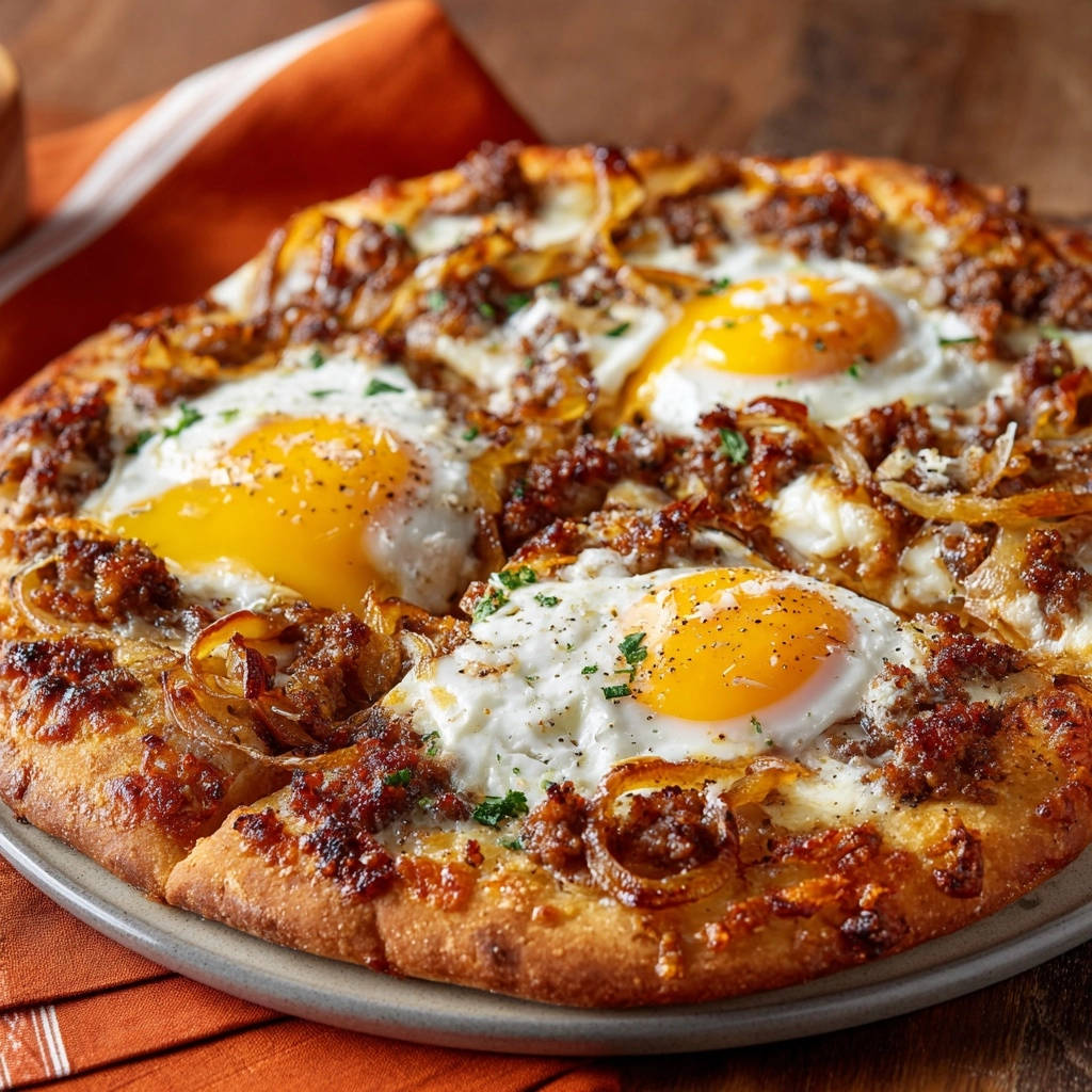 Frühstückspizza mit Wurst und karamellisierten Zwiebeln, Nahaufnahme der vier flüssigen Eigelbe auf dem gebackenen Teig.