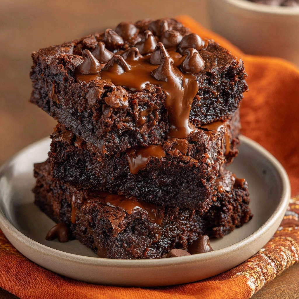 Ultimative Fudgy Brownies gestapelt auf einem Teller, mit geschmolzener Schokolade und Schokostückchen garniert.