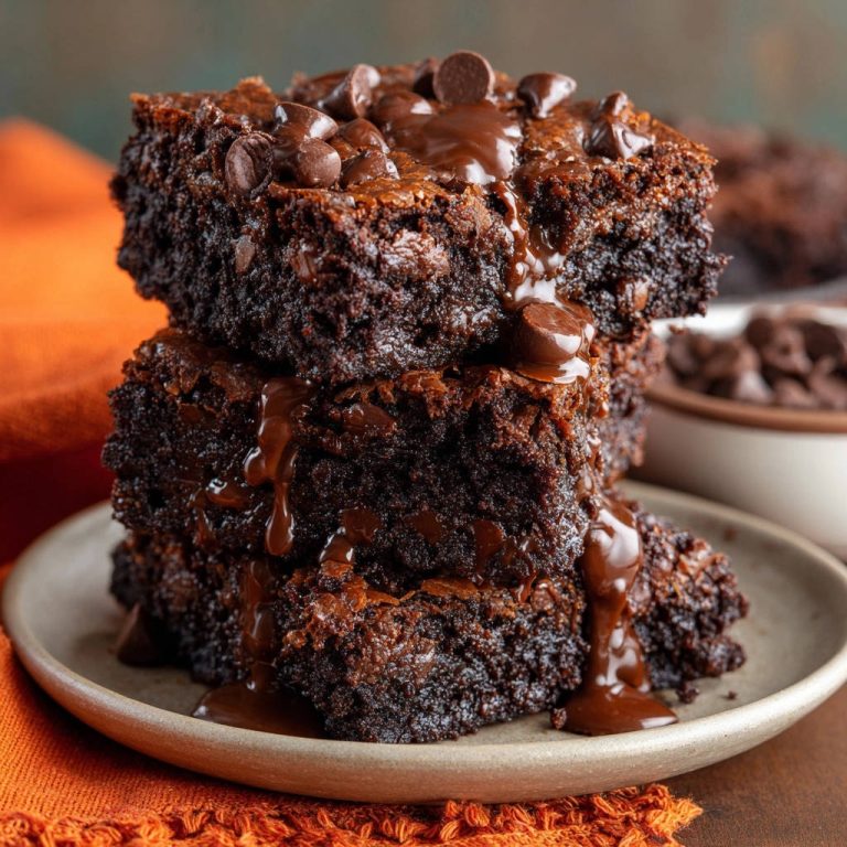 Ultimative Fudgy Brownies gestapelt auf einem Teller, mit flüssiger Schokoladensauce und Schokostückchen garniert.