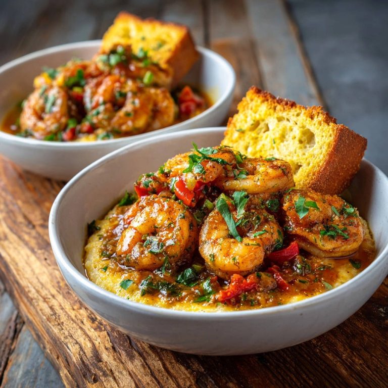Gambas mit cremiger Polenta und pikanter Paprikasoße, nahaufnahme von zwei Schalen mit Garnelen und Brot auf Holzhintergrund