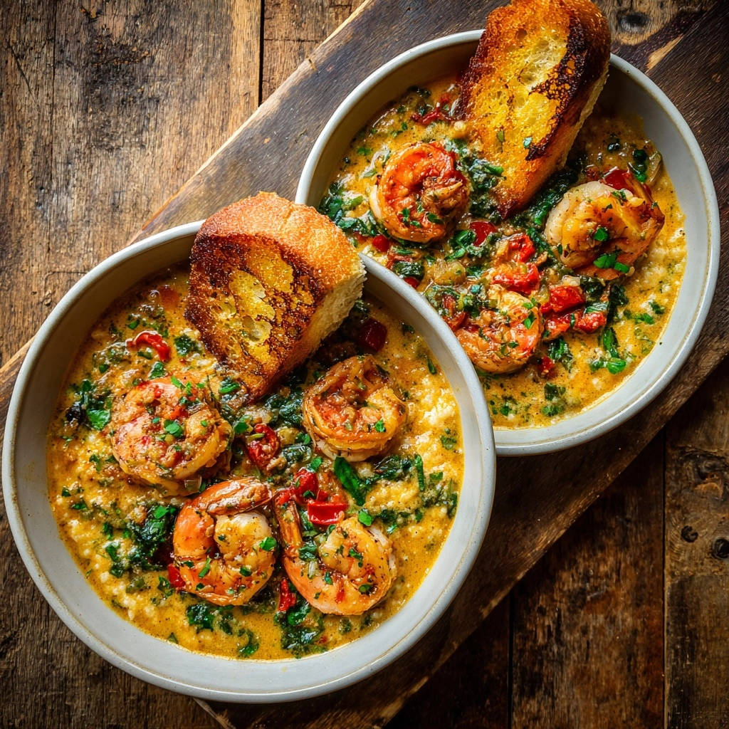 Gambas mit cremiger Polenta und pikanter Paprikasoße, serviert in zwei Schalen mit geröstetem Brot.